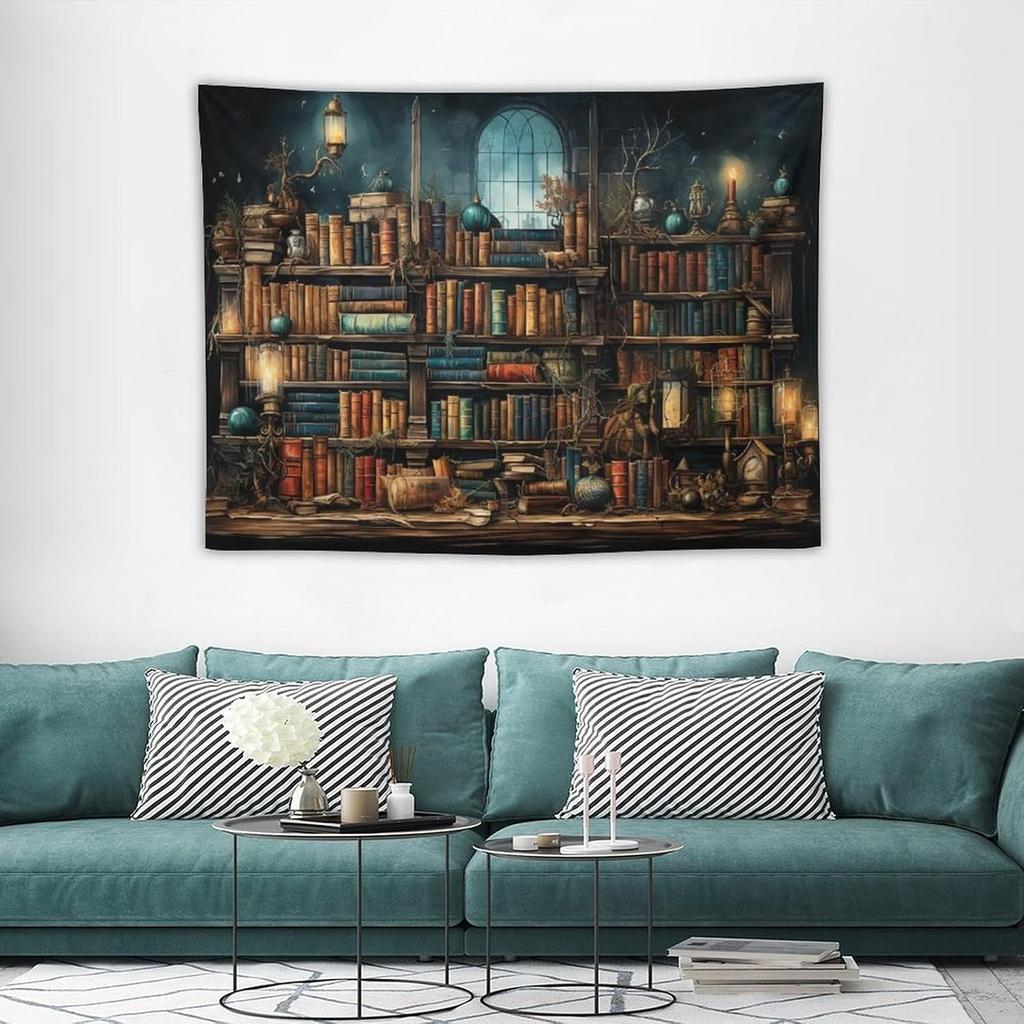 Retro Bookshelf Tapestry Vintage Library Wall Hanging Tapestries,Old Books On Shelf Classical Study Room Student Study College