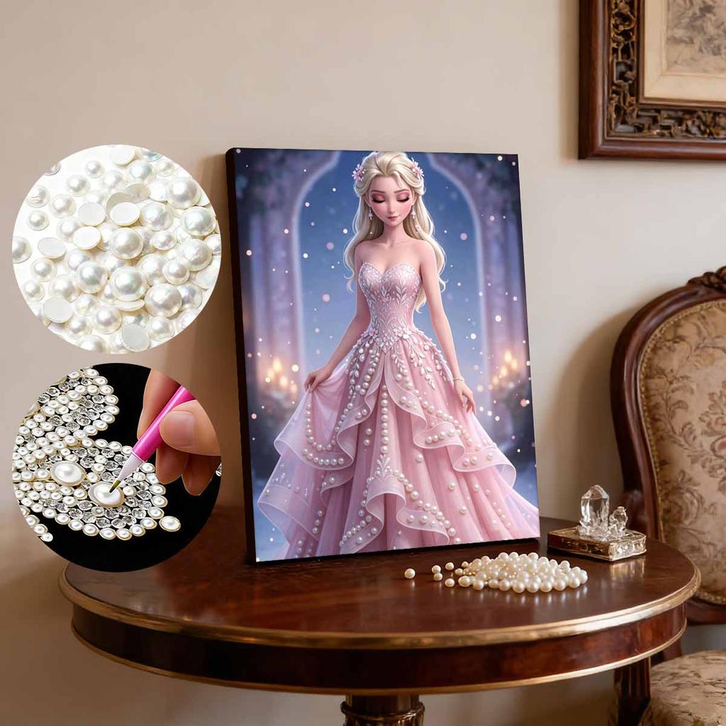Pink Gown Starry Elsa New Pearl-Inlaid Frameless Art | Handmade Pearl Craft, Starry Arch & Candlelight Theme, for Romantic Luxury Decor