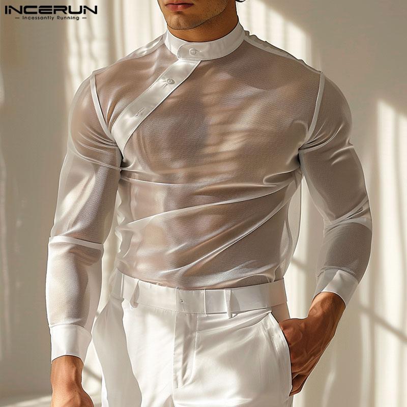 INCERUN Men Mockneck Long Sleeve Mesh Tops Party Button Down Fishnet Shirts