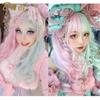 WTB Highlights Long Curly Hair Synthetic Wig Female Harajuku Style Straight Bangs Fluffy Colorful Highlights Curly Hair Wig