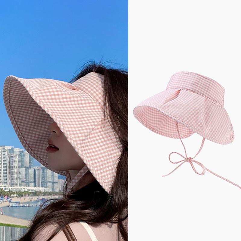 Summer Checkered Sun Hat Foldable Wide Brim Empty Top Beach Hat Breathable Uv Protection Women Sun Shade Visors