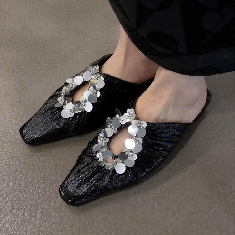 

Версия из овчины~ Французские квадратные с пайетками крутые тапочки на одном каблуке, темпераментная серебристая сумка на носок, женские полутапочки 40 чёрный