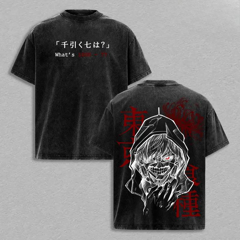 Kaneki Ken Print Tee Anime Tokyo Ghoul Clothing Men Women Retro Washed T-shirts Short Sleeve Tshirt Harajuku Male Cotton T Shirt