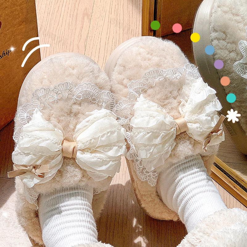 Women's Platform Cotton Slippers Winter Bow Knot Non Slip Home Slippers Thicken Warm Lightweight Comfortable Plush Shoes
