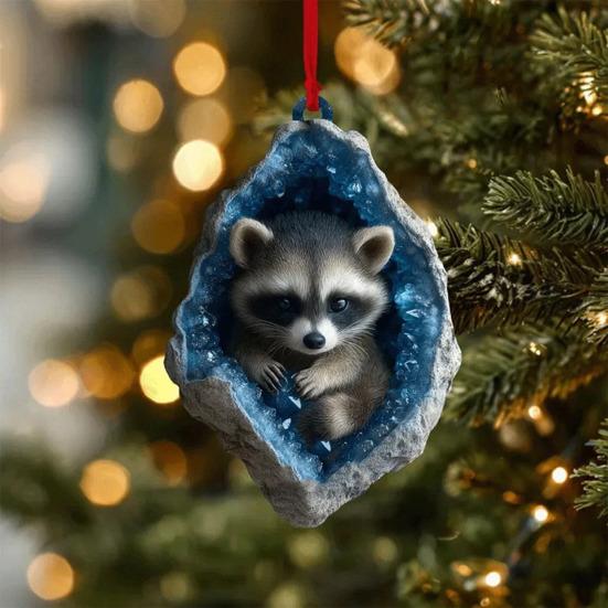 Geode Animal Christmas Ornament 2D Acrylic Crystal Cave Little Forest Animals Hanging Ornament for Xmas Tree Holiday Home Party Decor