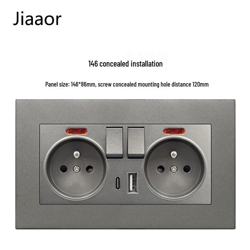 16A Grau Französische Doppel-Gang-Schalter- & Steckdosenleiste mit USB+Typ C, Unterputzmontage, Typ 86