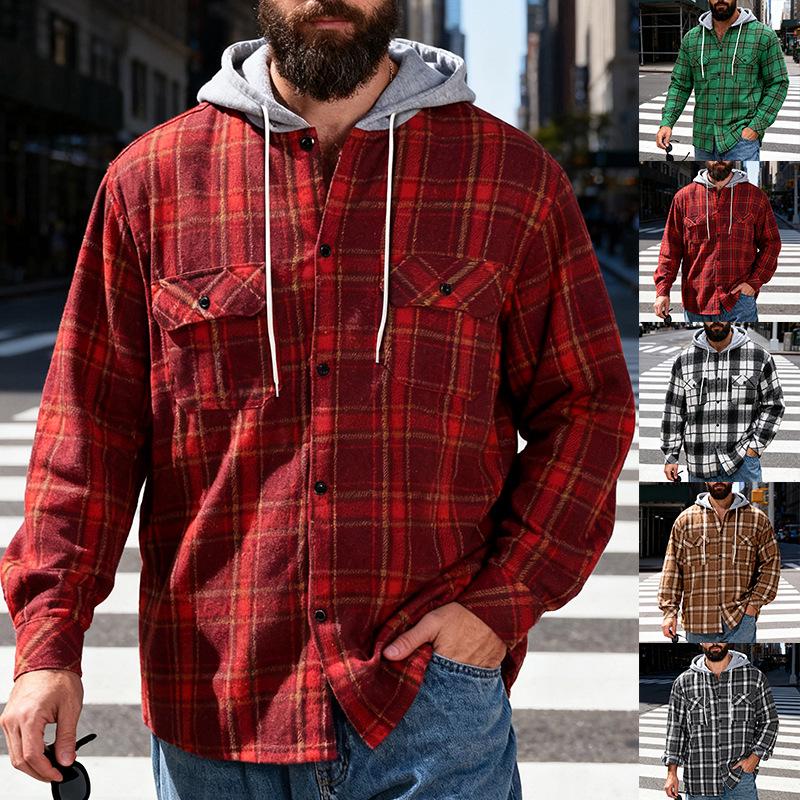 TikTok Men's Plaid Hooded Shirt Jacket - Casual Hip Hop Style for Spring & Autumn