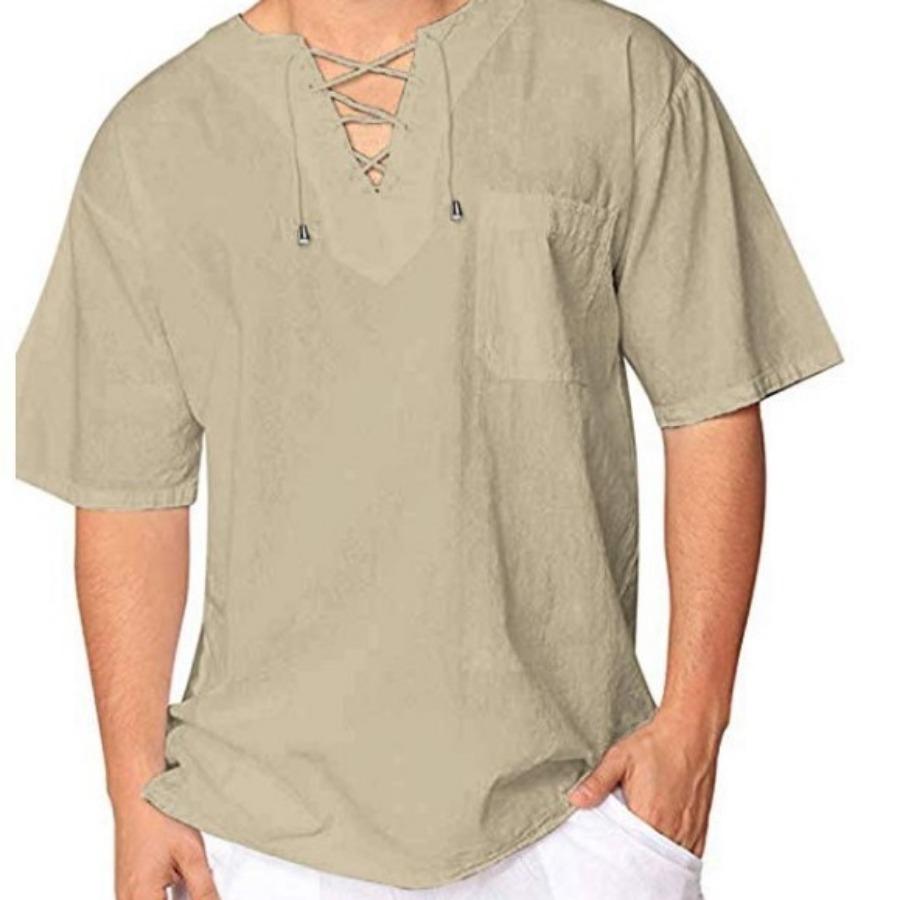 Summer Men's Short Sleeve Blouse Vintage Cotton Linen Tie V Collar Casual Breathable Men Shirt