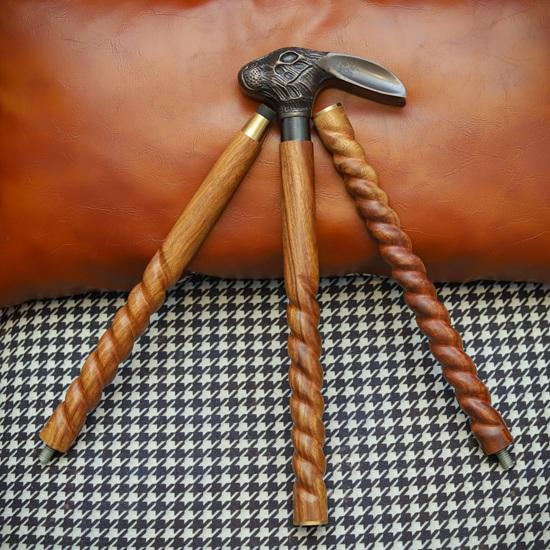 93.98 Cm Brass Rabbit Head Cane Spiral Carved Wooden Walking Stick Handmade Animal Handle Cane Decorative Gift for Unisex