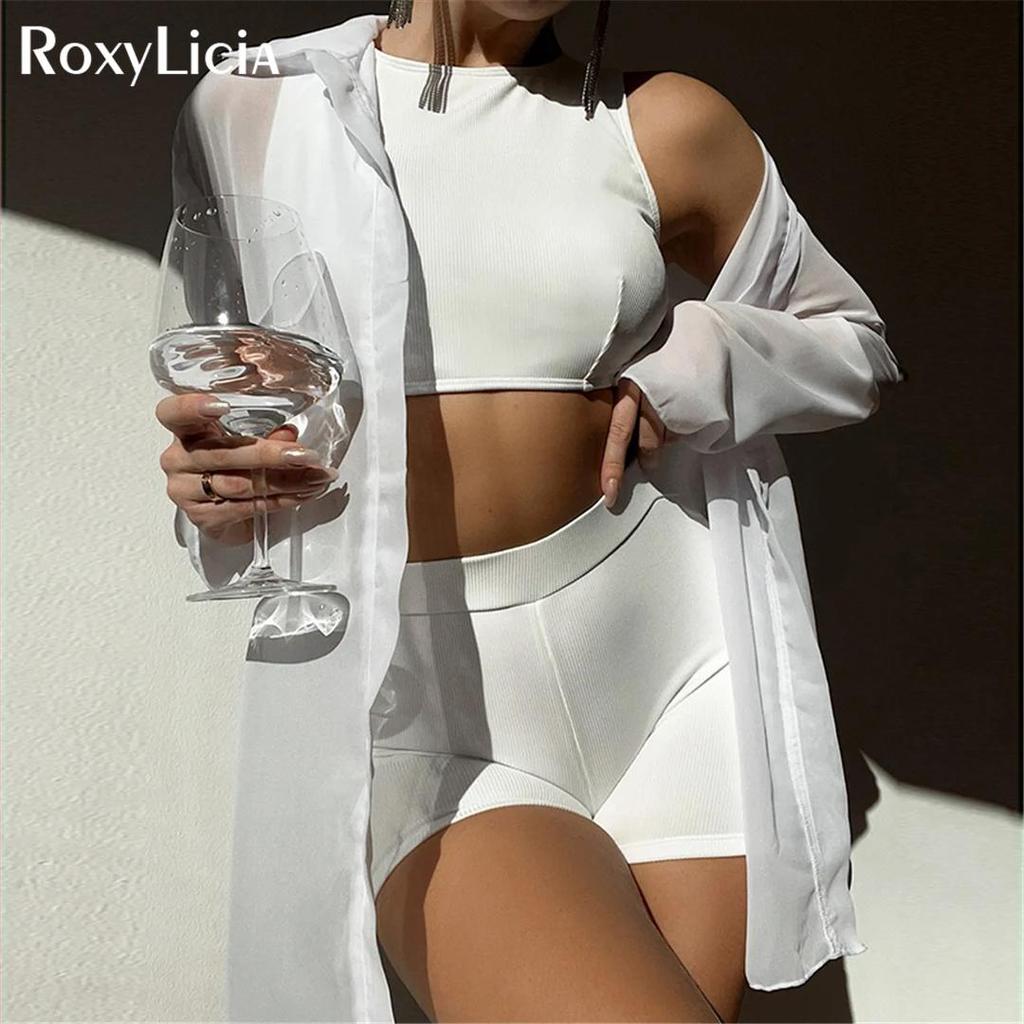3 PCS With Shirt Shorts Female Swimsuit High Waist Bikini Women Swimwear Three-pieces Bikini Set Bather Bathing Suit Swim