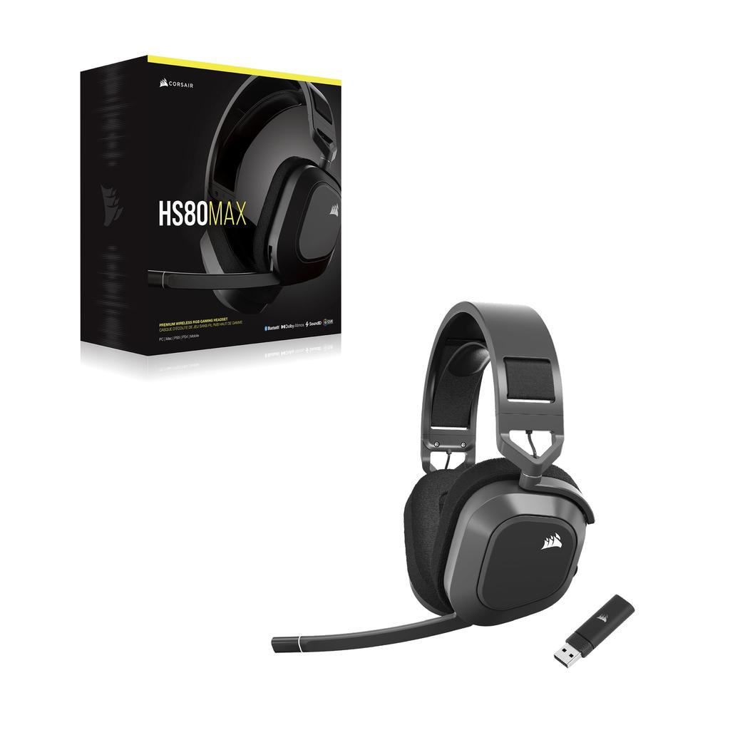 CORSAIR HS80 MAX WIRELESS Gaming Headset for Memory Foam Dolby Atomos Aluminum Steel Gray PC/PS4/PS5, Bluetooth, Earpads, Audio, Frame,