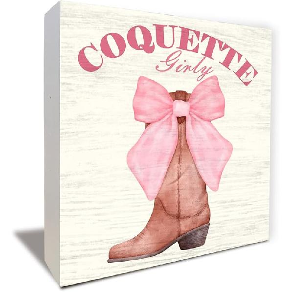 Pink Bow Coquette Wooden Box Sign, Coquette Room Decor, Dorm Room Essentials for Girls, Girly Ribbon Bow for Girls Room Dorm College Bedroom Desk