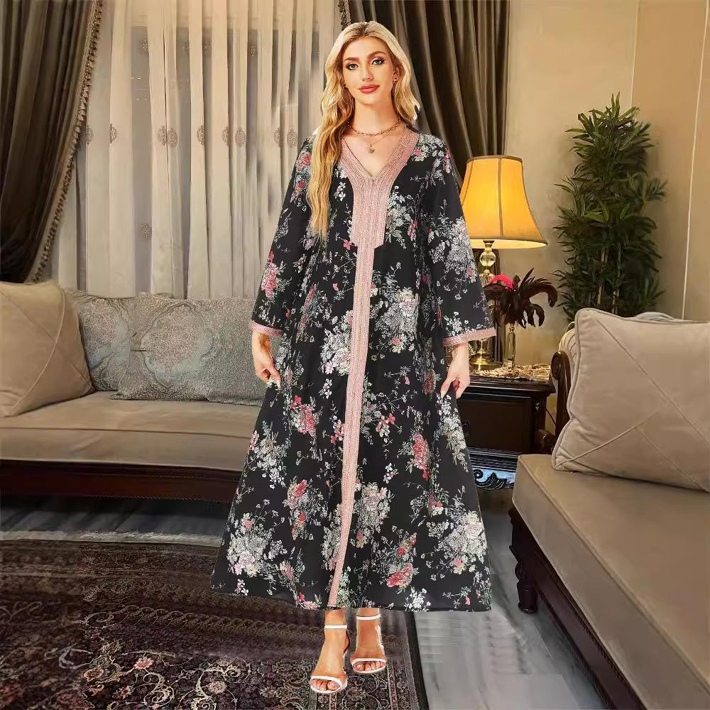 Women s Long Sleeve V-Neck Floral Print Flowy Maxi Dress S чёрный