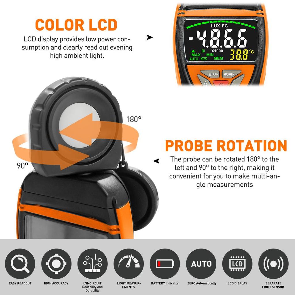 Digitales Luxmeter 0,1-400.000 Lux, 270° drehbarer Lichtdetektor mit Hintergrundbeleuchtung – für Fotografie, Pflanzen und industrielle Nutzung