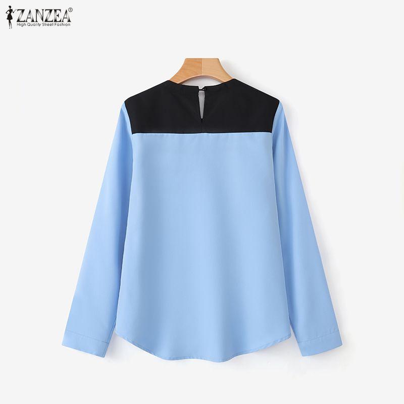 ZANZEA Women Casual Round Neck Long Sleeve Loose Patchwork Blouse