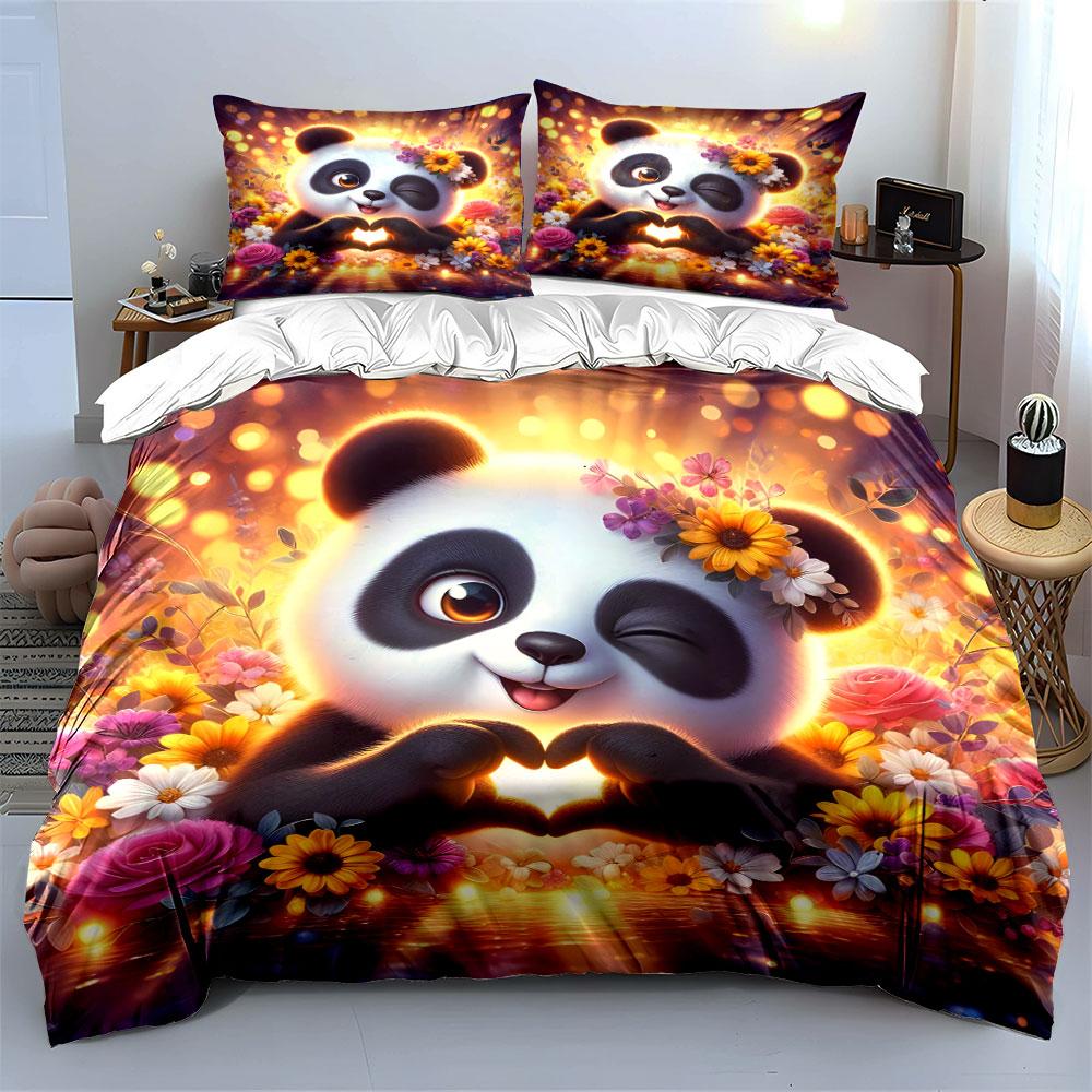 Panda with Flowers and Heart Bedding Duvet Cover Set  (1*Duvet Cover 2*Pillowcases, without duvet insert)