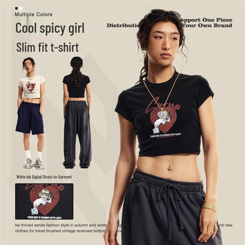 

BE Women s 2025 Spring/Summer Slimming Cropped Retro Street T-shirt Small