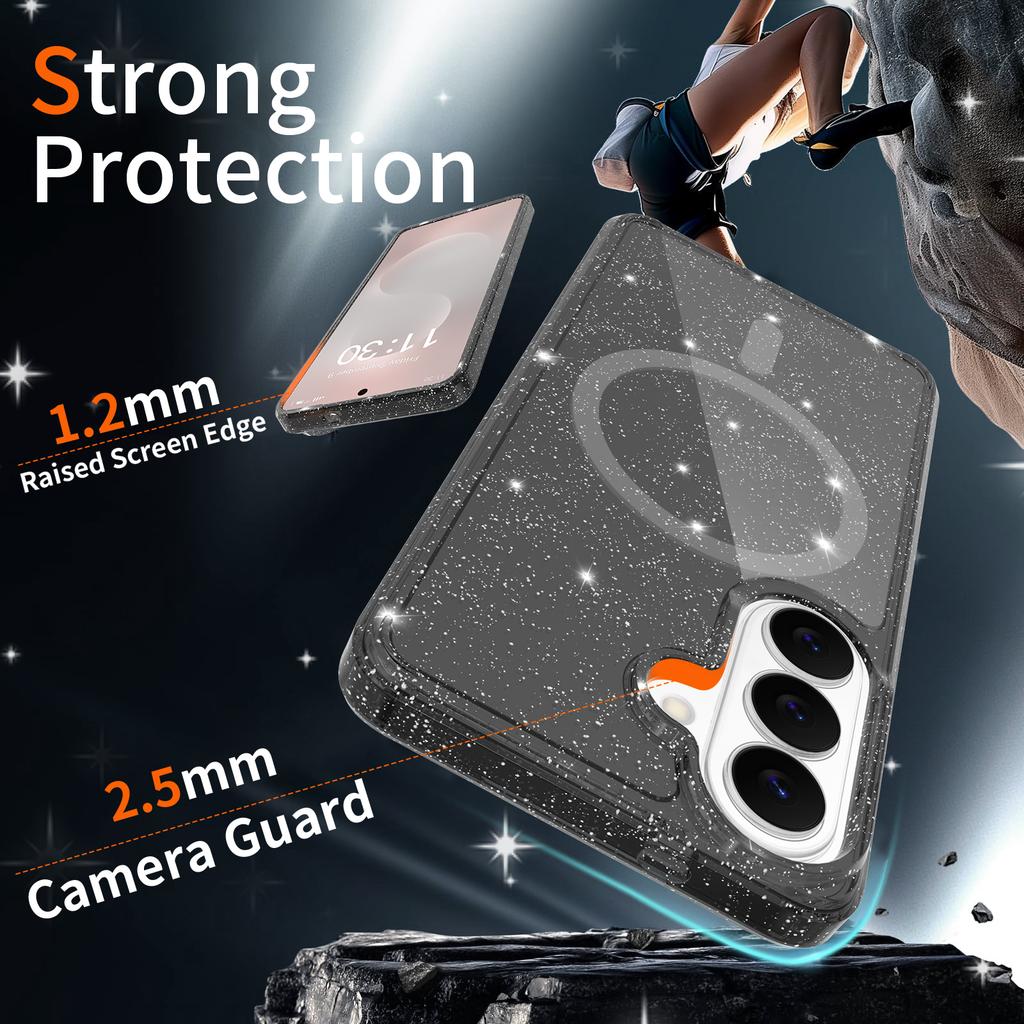 For Samsung Galaxy S26 Magnetic Case Glitter Design TPU PC PET Drop Proof Phone Cover