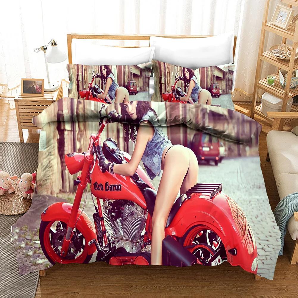 Sexig Tjej Motocross Påslakan Extremsport Tema Sängkläder Set för Pojkar Tonåringar Män Mikrofiber 3D Skönhetsdrottning Kung Påslakan