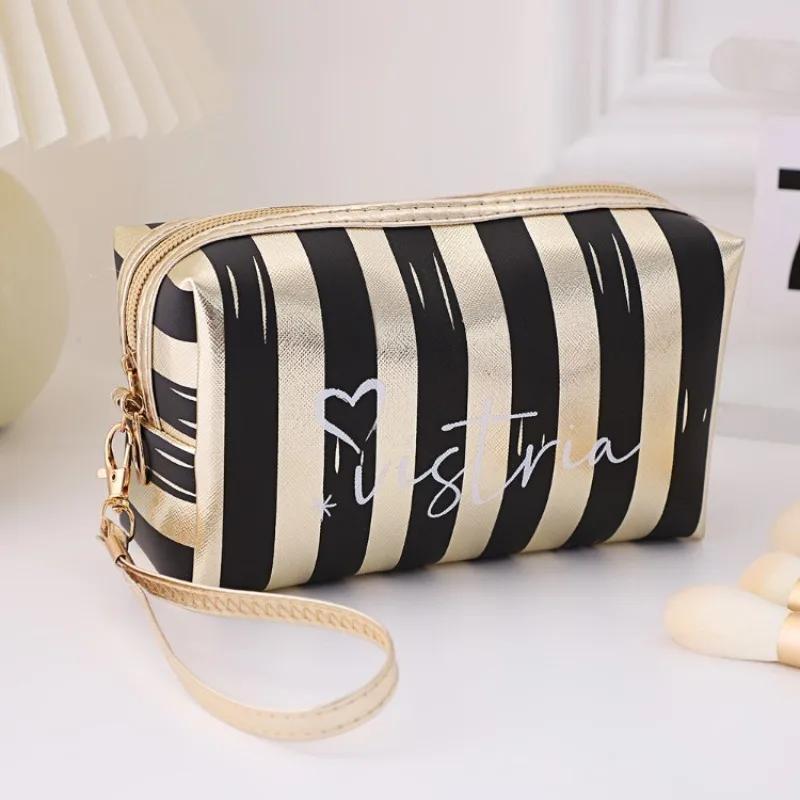 

Portable Striped Makeup Bag, Small Size, High-value Handbag, Mini Portable Makeup Storage Bag, Waterproof Women s Bag Cs013 чёрный