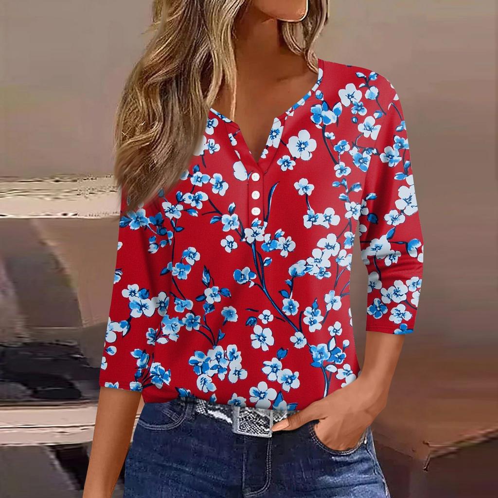 Damen-T-Shirt, T-Shirt, bedruckt, Knopfleiste, 3/4-Ärmel, tägliches Wochenende, modisch, Basic, V-Ausschnitt, normales Oberteil