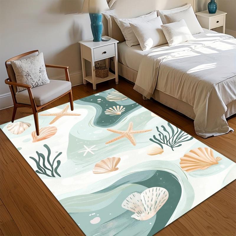 Light Blue Watercolor Seahorse Turtle Area Rug Seashell Starfish Crab Underwater Print Non Slip Carpetg for Bedroom Decor