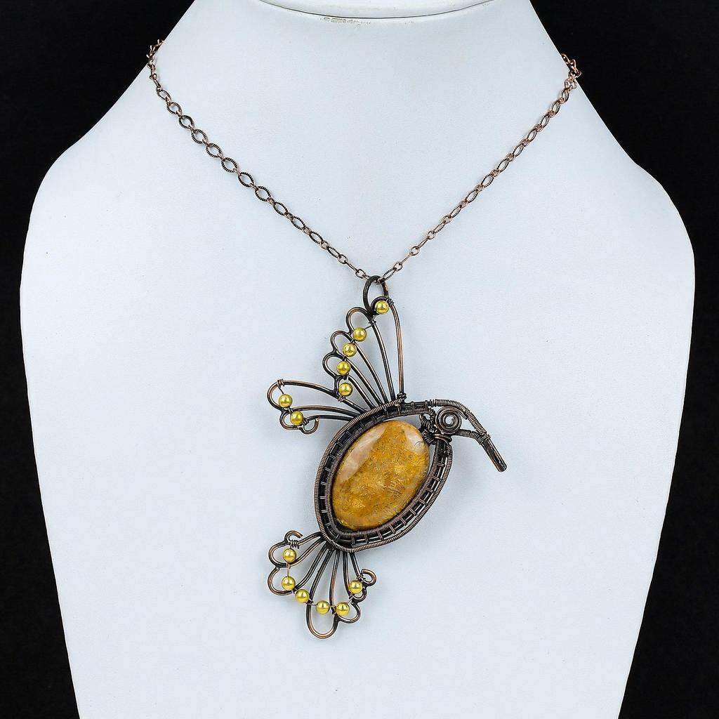 Fossil Coral Pendant Copper Wire Wrapped Pendant Gemstone Copper Jewelry Handmade Pendant Fossil Coral Jewelry Anniversary Gift Bird Pendant