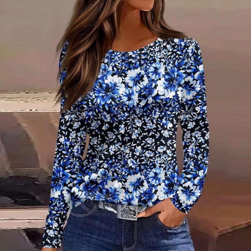 Women's Long Sleeved T-shirt 3D Printed Gradient Print Fashionable Round Neck Top T-shirt