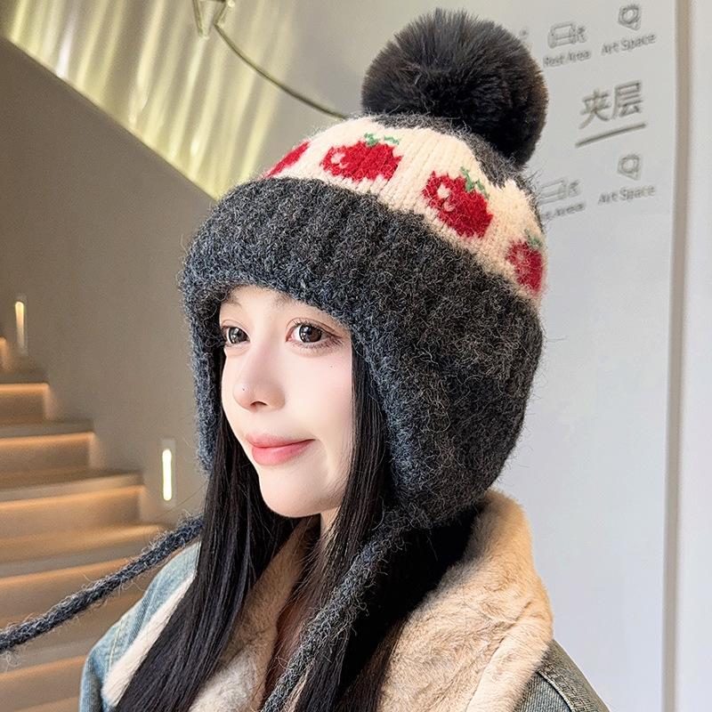 Autumn and Winter New Fair Isle Style Hat for Women Wool Ball Ear Protection Woolen Hat  Small Face  Warm Knitted Cold Hat  Trendy