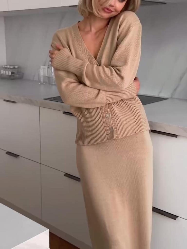 2024 Autumn Solid Color V-Neck Knitted Top & Bodycon Midi Skirt Set