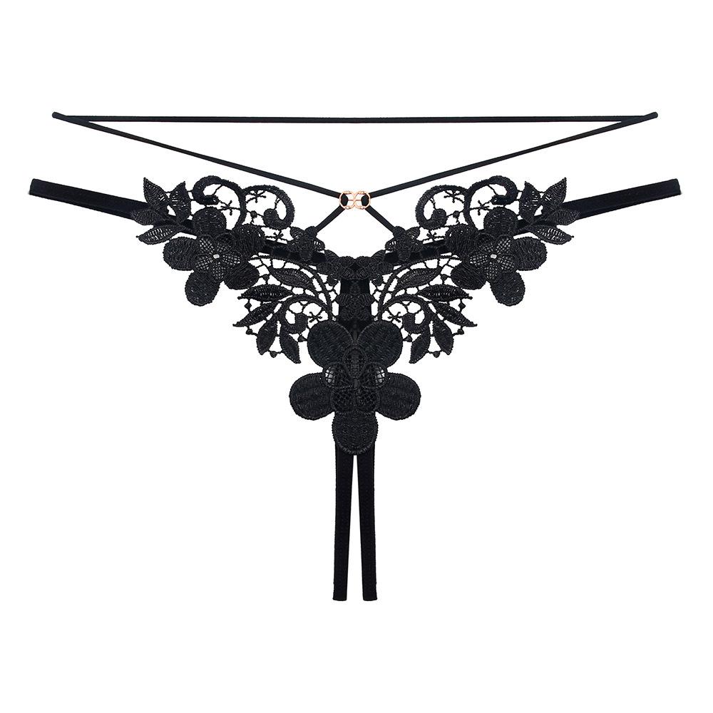 French Romantic Embroidered Sexy Rhinestone Thong: Erotic Open Crotch with Removable Design