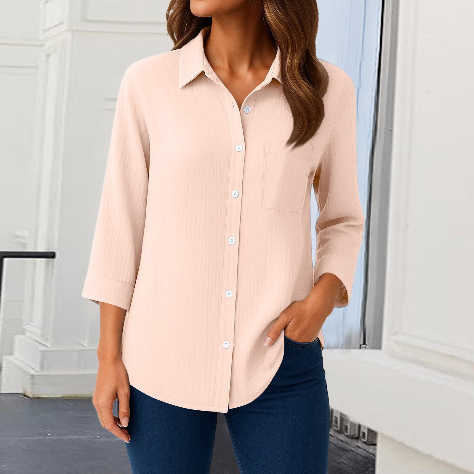 

Женские рубашки на пуговицах с рукавом 3/4, повседневная рубашка с воротником, свободные блузки, однотонные топы с карманом L