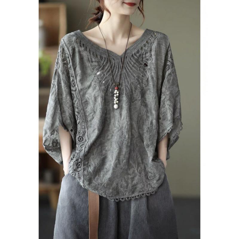 Damen Neu Stickerei Oberbekleidung Schal Sonnenschutz Bluse Damen Ausgeschnitten Spitze Oberteil Locker Lässig Einfaches Hemd Süß V-Ausschnitt Elegante Kleidung