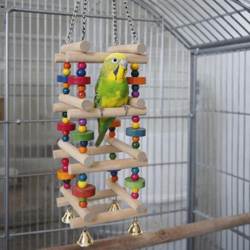 Colorful Wooden Parrot Chew Toys Bite Resistant Hanging Bird Cage Standing Multi Layer with Bells Bird Climbing Ladder
