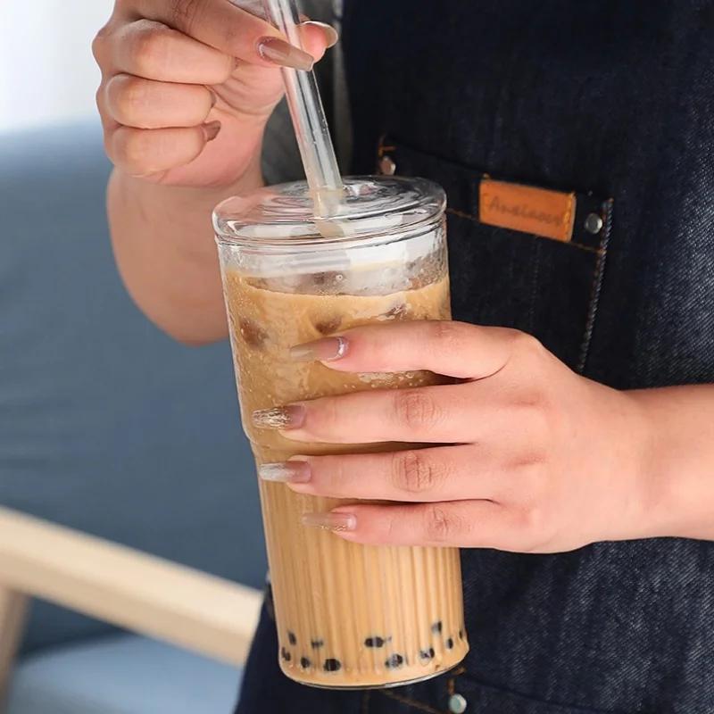 600ML Glass Cup Milk Coffee Cup with Lid And Straw Transparent Stripe Water  Mug Drinking Glasses Juice Tea Cup Drinkware