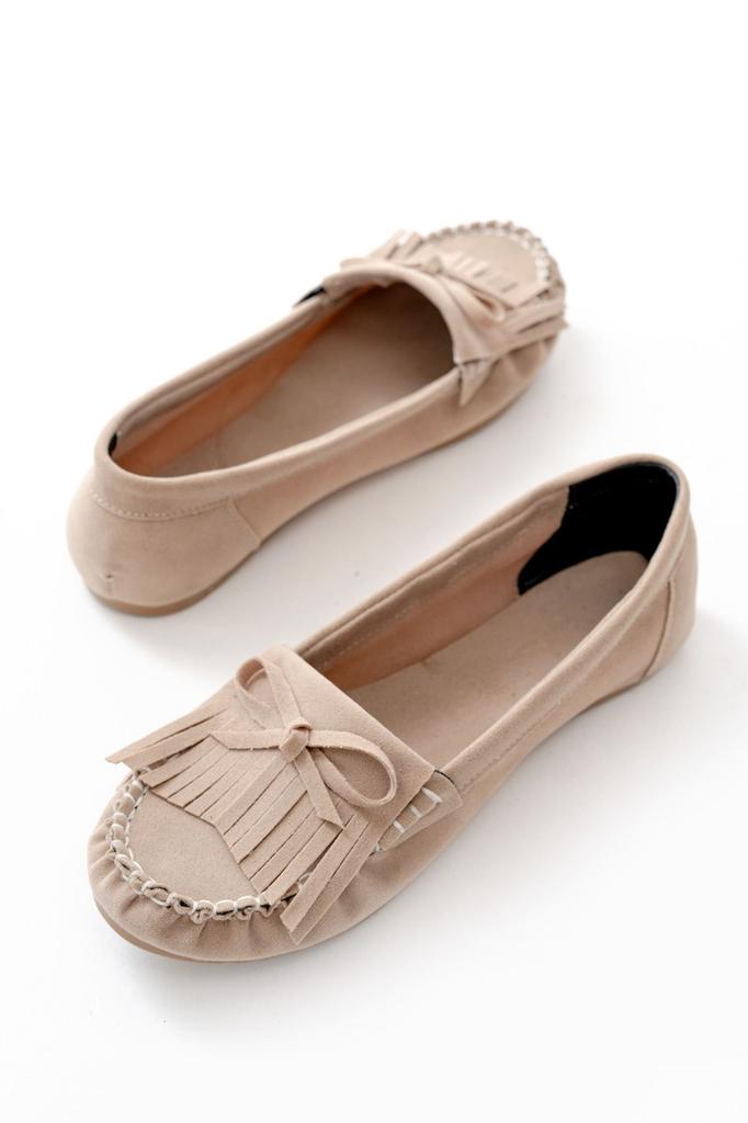 Women's Fashion Flat Heeled Ballerinas Ps Brown Suede Tasseled Daily Ballet Shoes