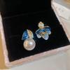 Blaue Emaille Farbe Imitationsperlen Blumen Asymmetrische Glasur Blatt Hängeohrringe für Frauen Hochzeitsparty Schmuck Accessoire