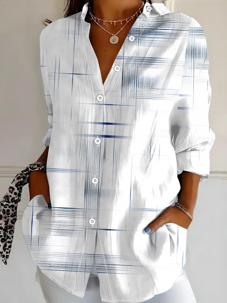 Mid-length women's long-sleeved shirt, designed with fashionable abstract lines and simple aesthetics in blue and white