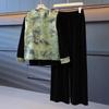 Elegant Spring Velvet Three-Piece Set: Floral Vest & Suit for Middle-Aged Women