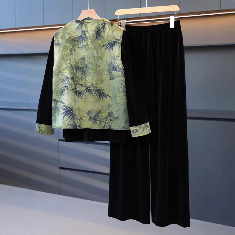 Elegant Spring Velvet Three-Piece Set: Floral Vest & Suit for Middle-Aged Women