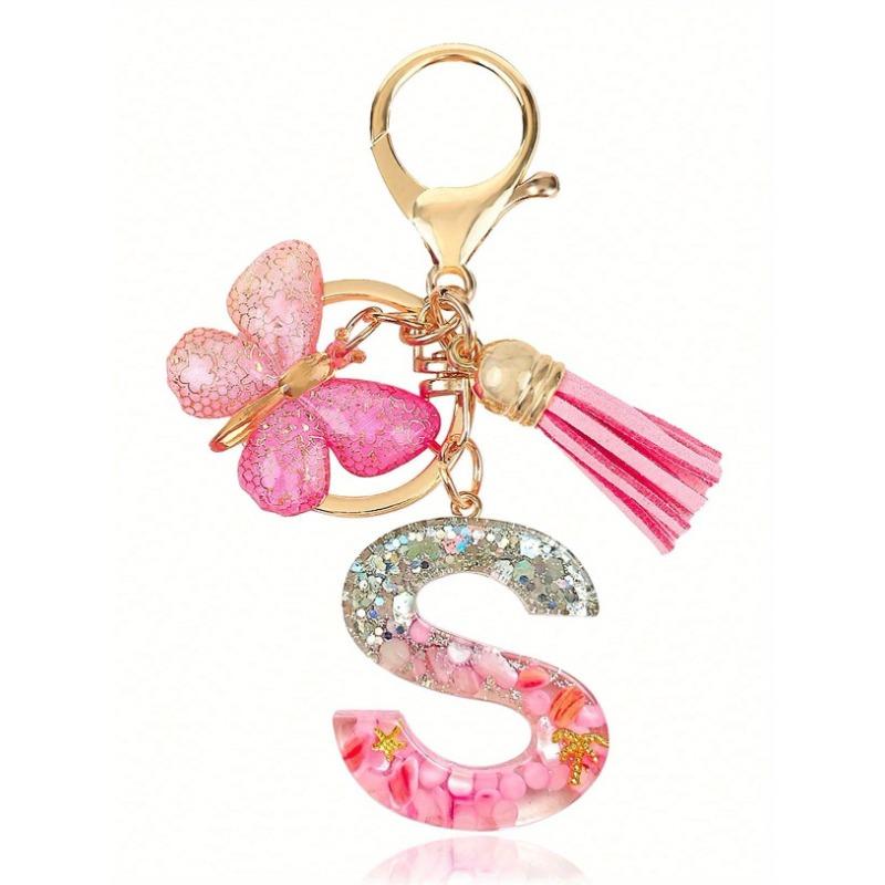 Personalized Bling Monogram Keychain for Women - Resin Letter Charm with Silvery Glitter, Pink Pebble & Gold Star Shaker - Birthday Gifts for Her