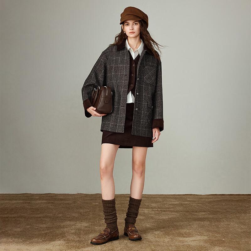 Chuyu Women's 100% Lamb Wool Plaid Tweed Corduroy Overcoat