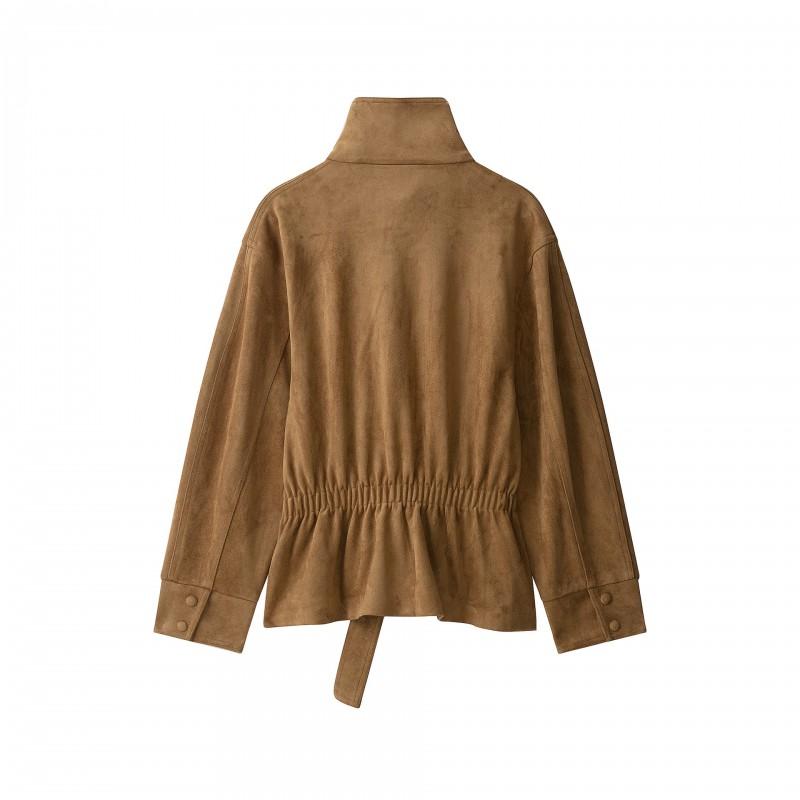 Womens 2026 Suede-Texture Belted Oversized Jacket Streetwear Style Long Sleeve Stand Collar