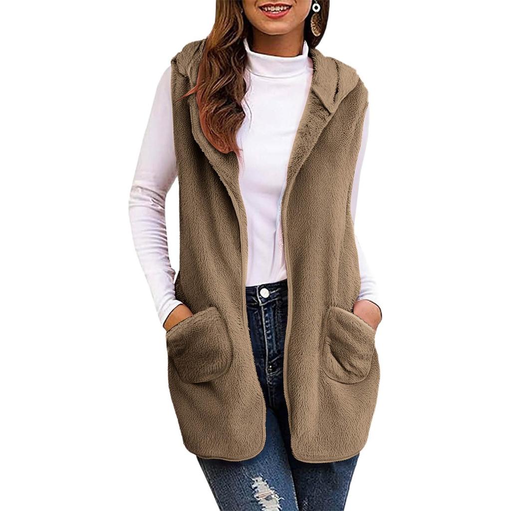 Women's Fashion Solid Color Hooded Sleeveless Plush Cardigan Vest Jacket With Pockets