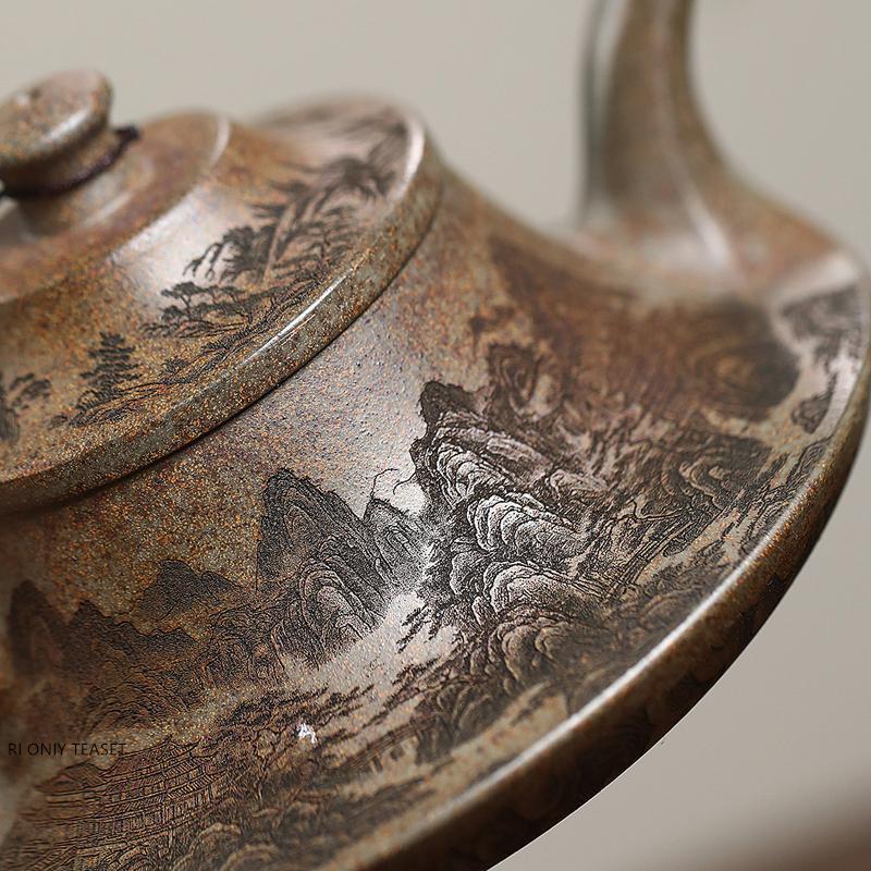 300ml Yixing Purple Clay Teapots Hand-carved Landscape Tea Pot Famous Handmade Zisha Kettle Tea Set Chinese Teaware Gifts