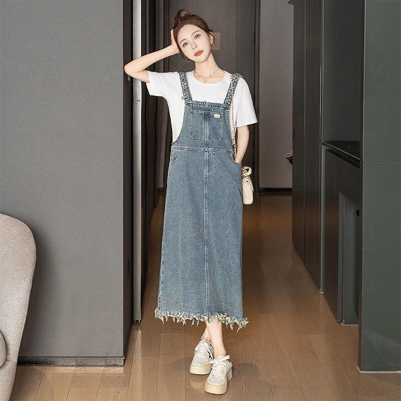 SIBASHE Women's Washed Denim Pinafore Midi Dress