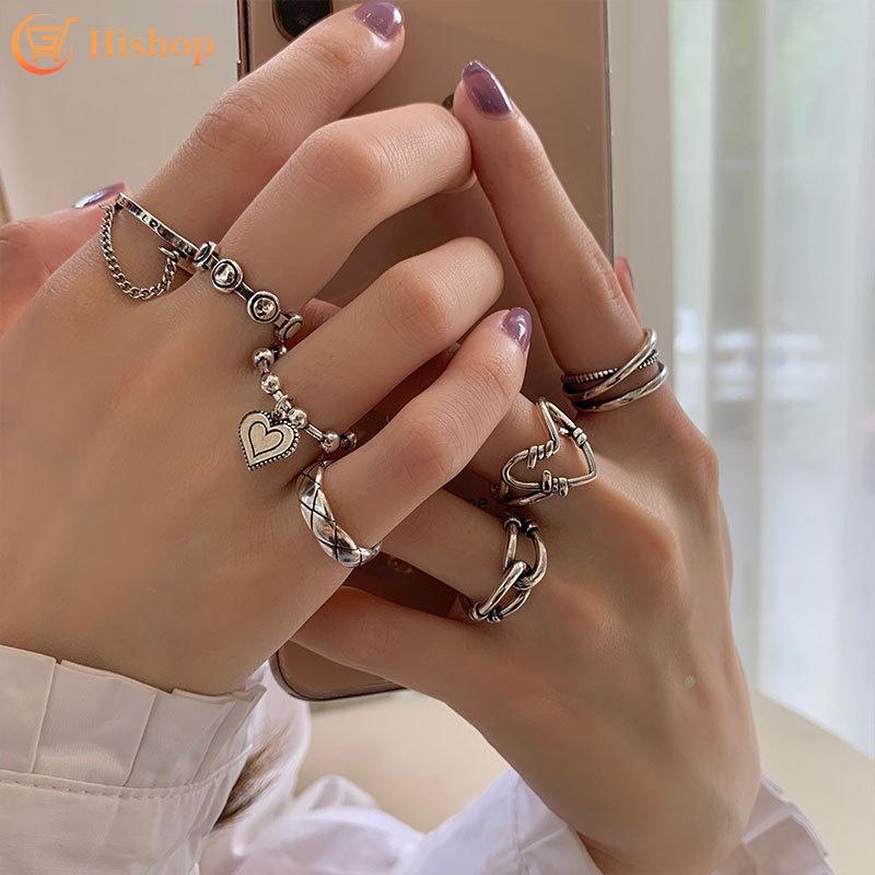 IF ME7 Pcs/set Punk Style Fashion Adjustable Rings Set Heart Silver Ring for Women Jewelry Accessories