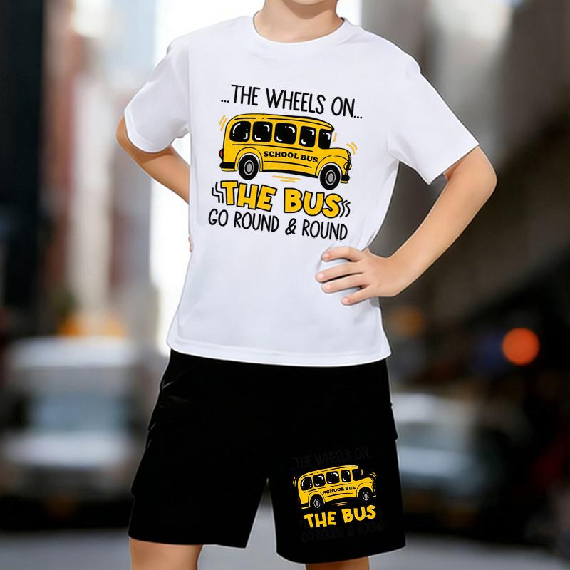 

Boys 2 Piece School Bus Print Outfit, Short Sleeve T-Shirt and Shorts Set for Kids Age 5-14,Black and White Sporty Casual Summer Clothes 13-14 Years білий