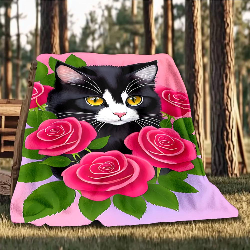 1pc Cat Roses Outdoor Flannel Blanket Soft All Season Polyester Throw , Perfect for Picnics & Travel , Picnic Accessory