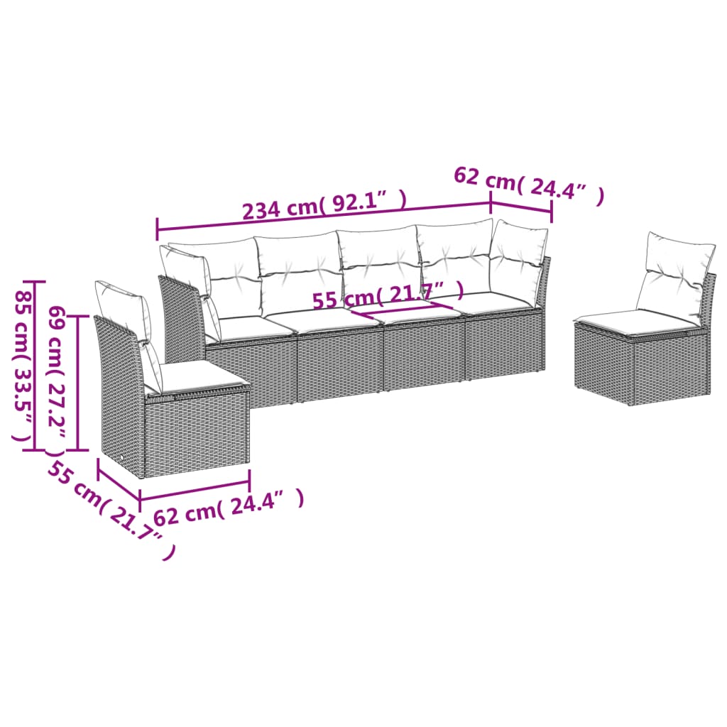 Vidaxl 6-Cz. Gartenmöbel-Set mit Kissen, Beige, Polyrattan